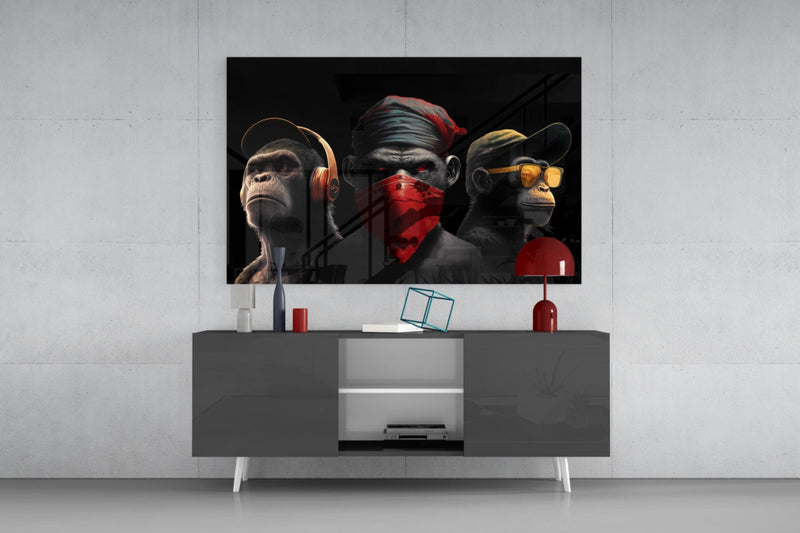 3 Wise Monkey Glass Wall Art  || Designer Collection