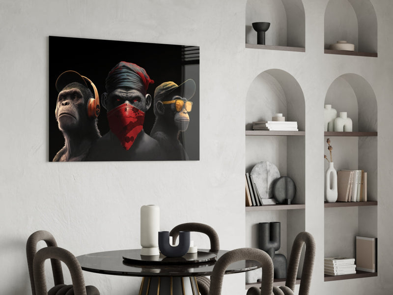 3 Wise Monkey Glass Wall Art  || Designer Collection
