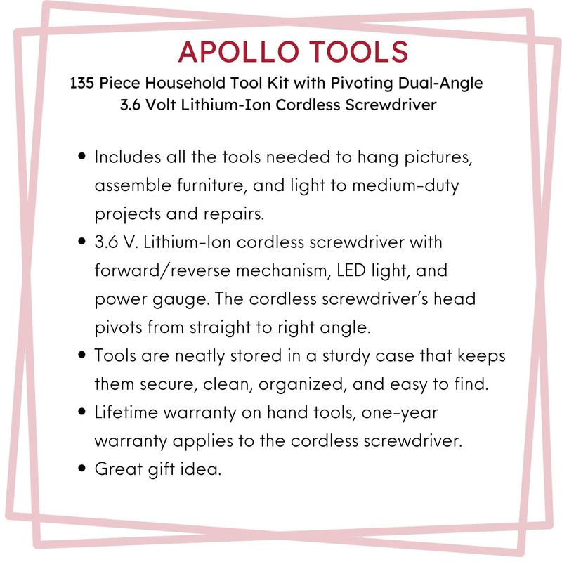 135 Piece Household Tool Set with Pivoting Dual-Angle 3.6 Volt Lithium-Ion Cordless Screwdriver - DT0773