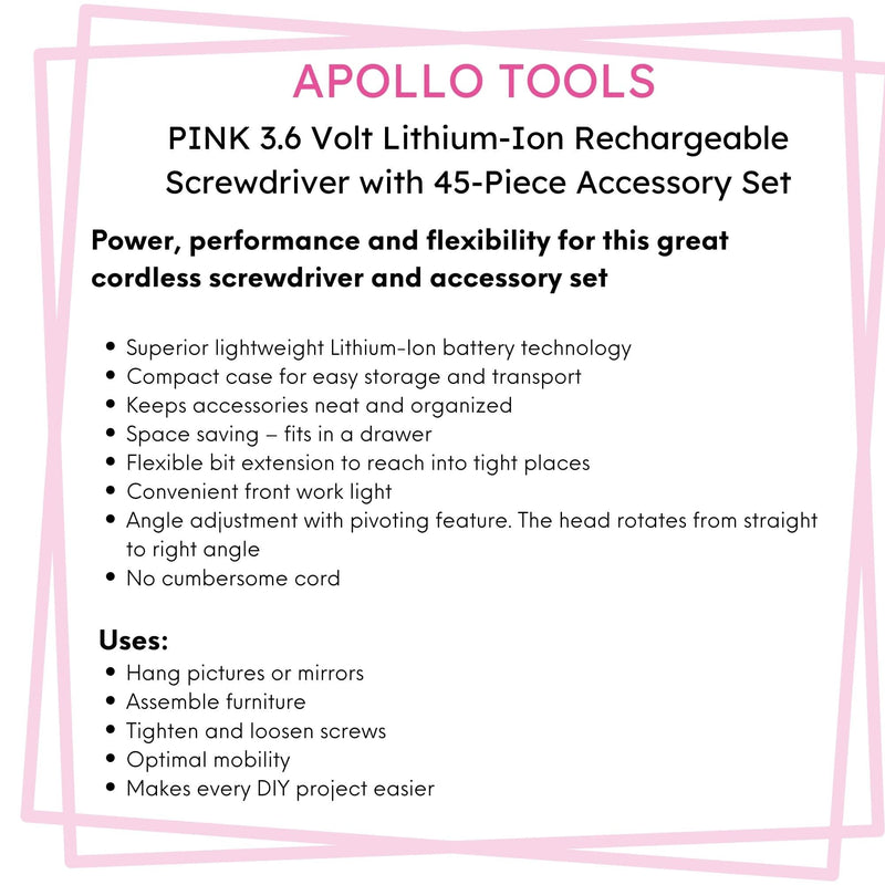 3.6 Volt Lithium-Ion Rechargeable Screwdriver with 45 Piece Accessory Set - Pink DT4944P