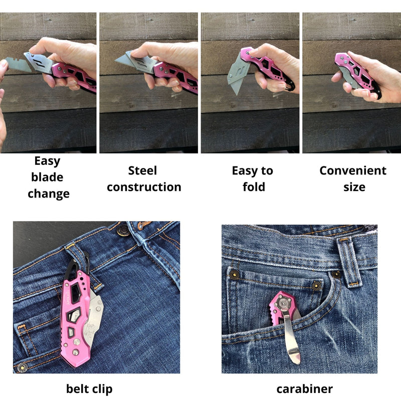 Ergonomic Stainless Steel, Lightweight, Foldable Pink Utility Knife with Carabiner Clip and Fast-Change Blade - DT5017P