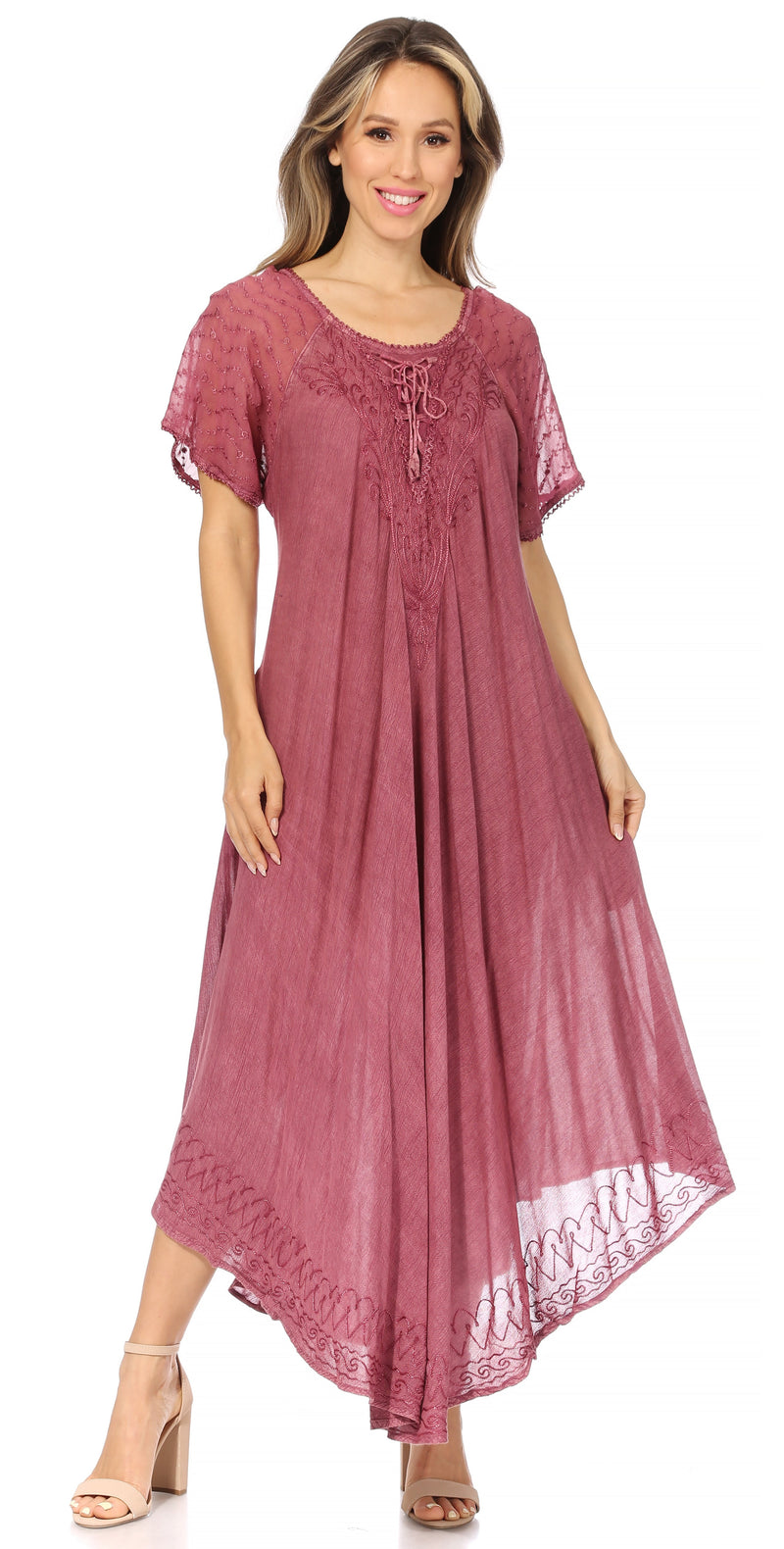 Sakkas Egan Women's Long Embroidered Caftan Dress / Cover Up With Embroidered Cap Sleeves