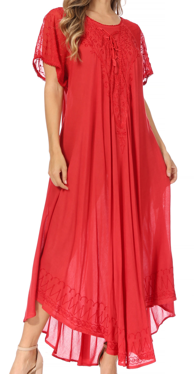 Sakkas Egan Women's Long Embroidered Caftan Dress / Cover Up With Embroidered Cap Sleeves