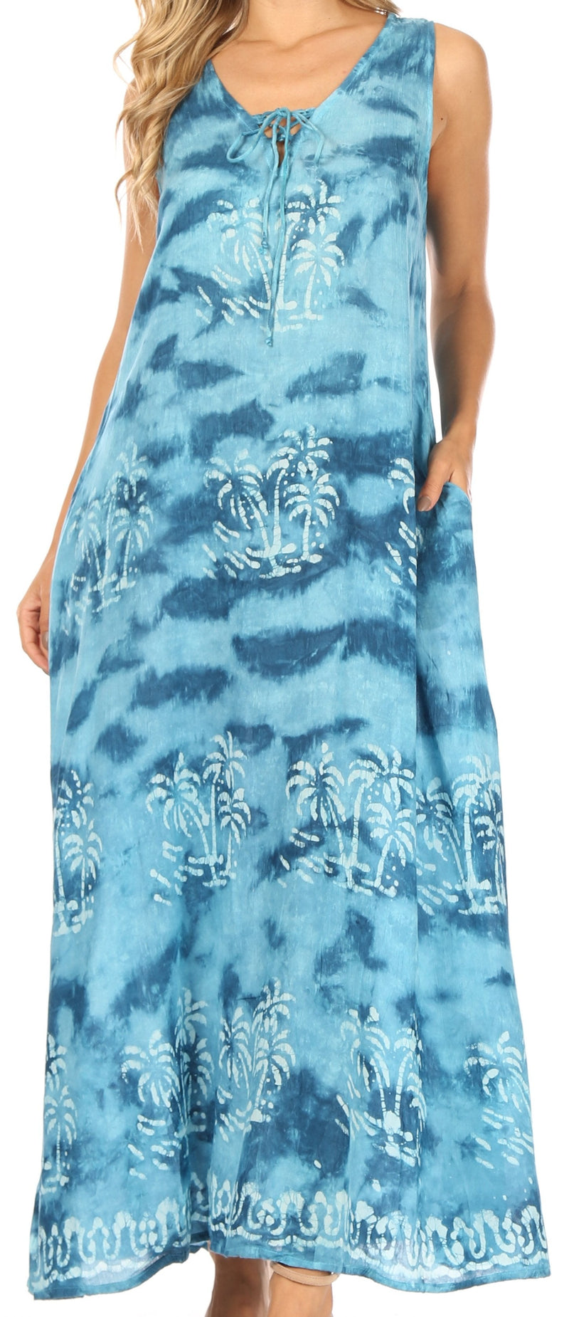 Sakkas Leonor Women's Maxi Sleeveless Tank Long Print Dress with Pockets and Ties