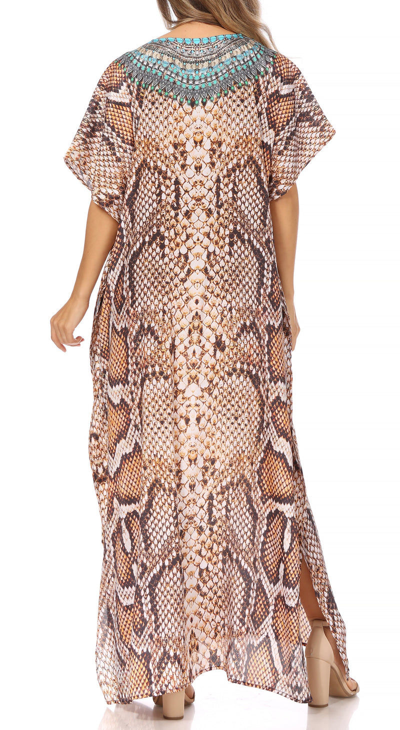 Sakkas Vicky Women's Casual Long Print Short Sleeve Petite Beach Maxi Caftan Dress - Buy One Get One Free