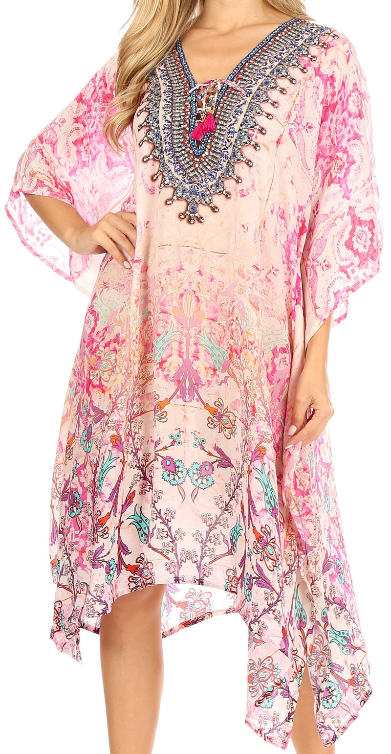 Sakkas Zeni Women's Short sleeve V-neck Summer Floral Print Caftan Dress Cover-up