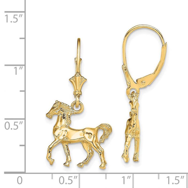 Polished 3D Horse Lever Back Earrings in 14k Yellow Gold