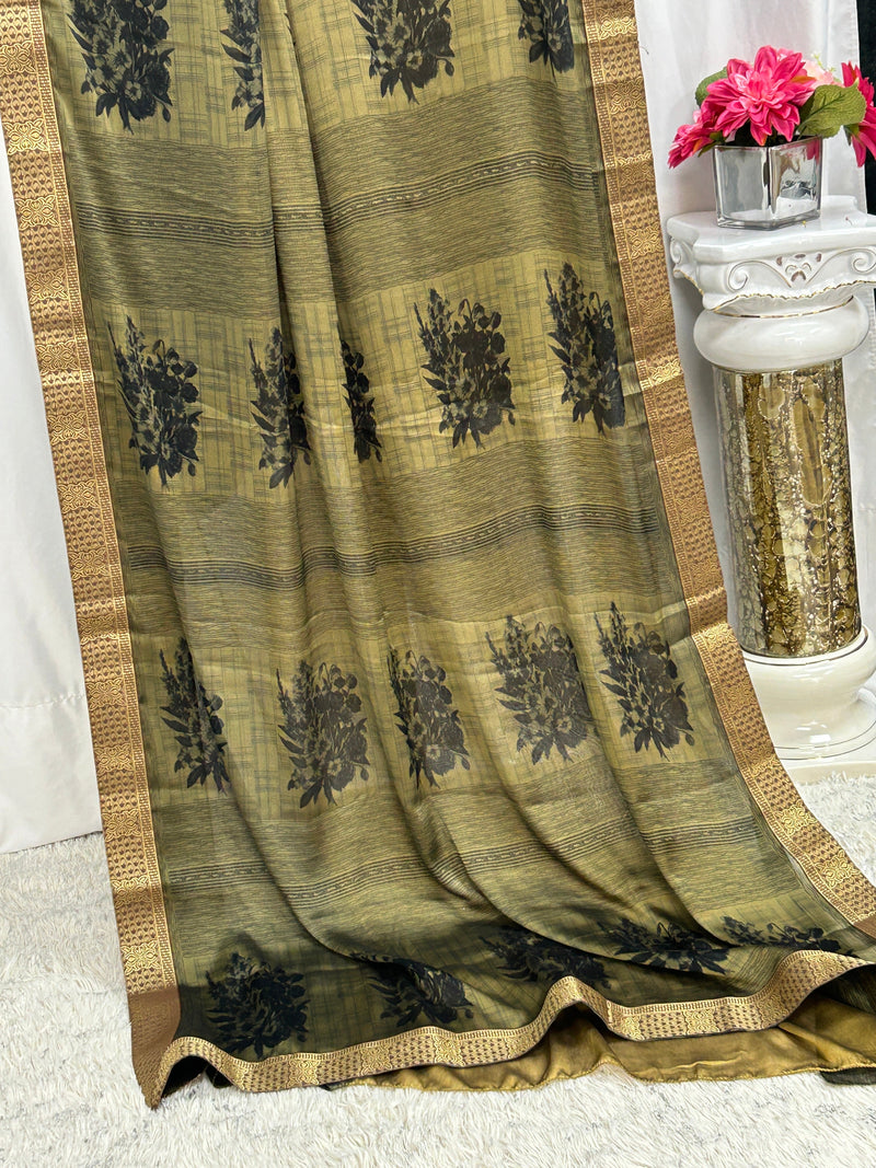 Printed Chiffon silk saree : fall pico done
