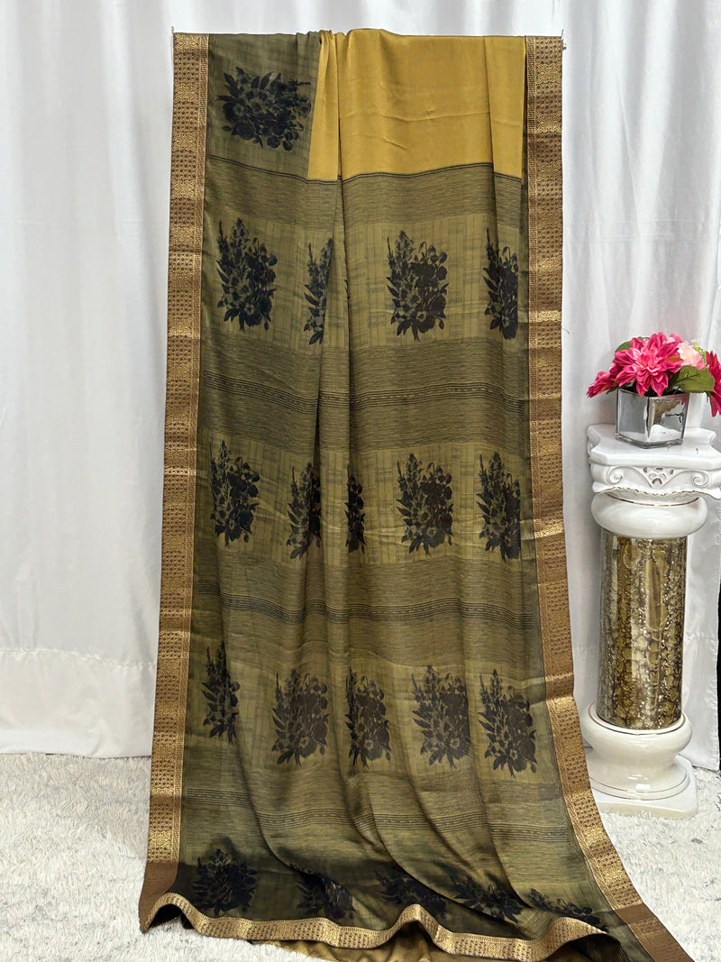 Printed Chiffon silk saree : fall pico done