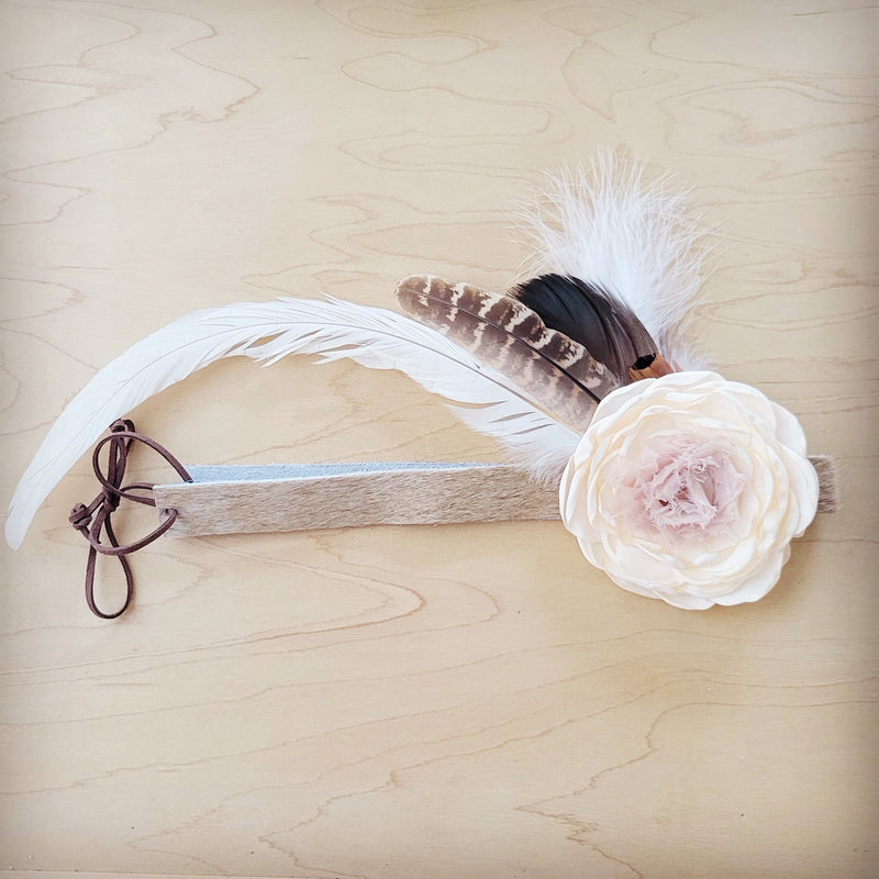 Leather Hat Band w/ Silk Flower & Feathers-Ivory (Band Only) 952s
