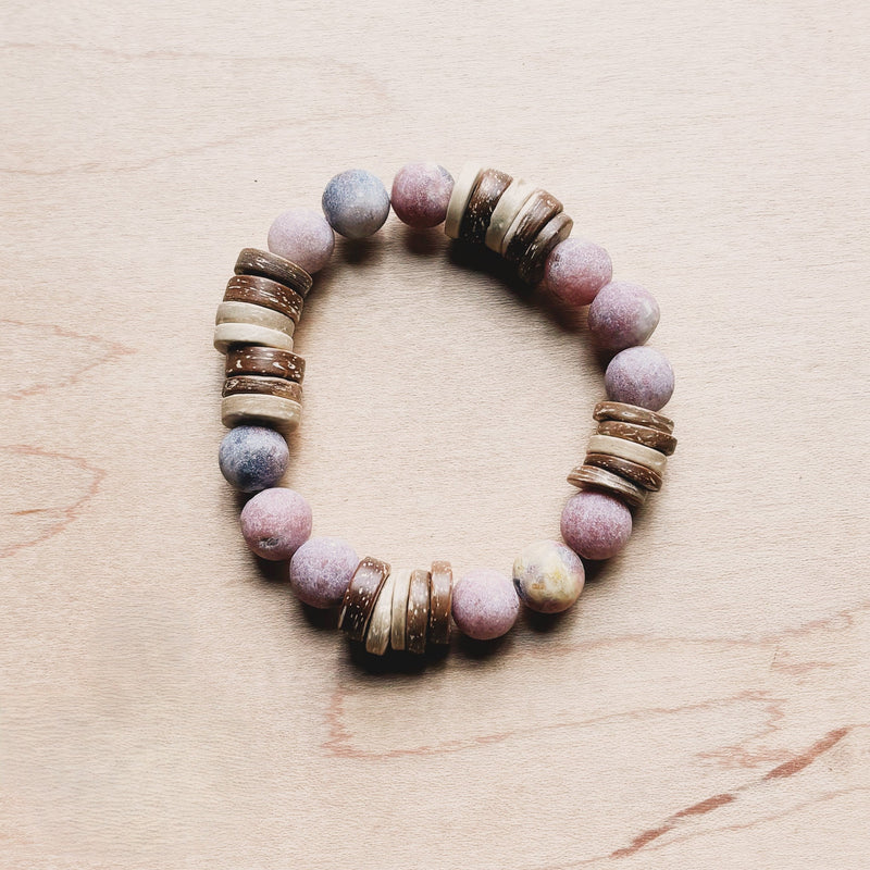 **Frosted Marble Jasper and Wood Stretch Bracelet (808z)