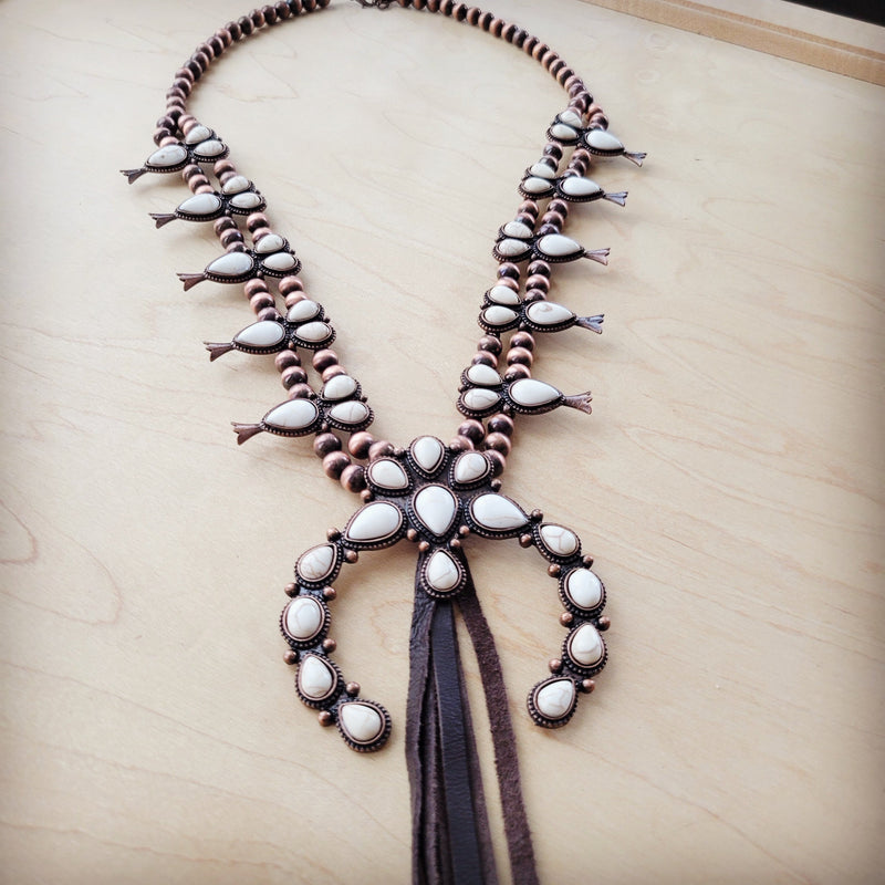 White Turquoise Squash Blossom Necklace w/ Dark Brown Tassel 261z