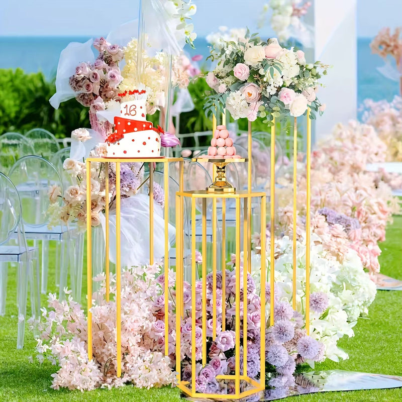 Hex Wedding Cake Stands | 3-Piece Set Gold Metal Pedestals