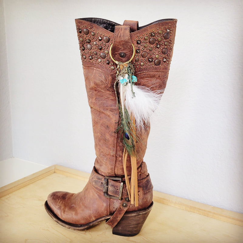 Boho Western Leather Boot Bling Charm Peacock & Key 500j
