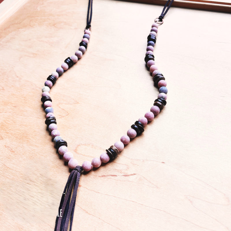 **Frosted Marble Jasper Necklace w/ Wood Beads & Leather Tassel 258b