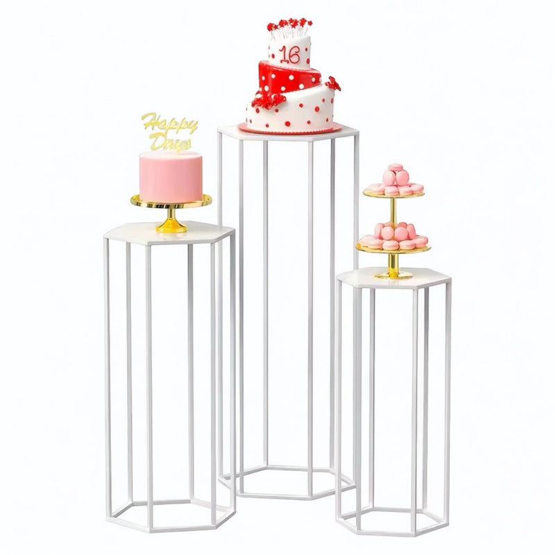 Hex Wedding Cake Stands | 3-Piece Set Gold Metal Pedestals