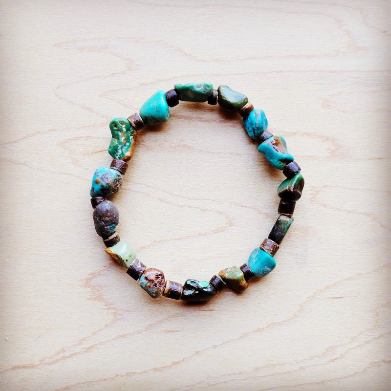 Genuine HuBei Natural Turquoise Beaded Bracelet w/ Wood 810f