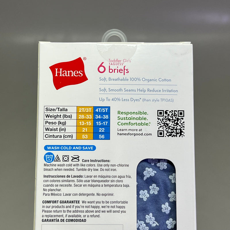 HANES (2 PACK, 6 BREIFS EACH) 100% Organic Cotton Pure Comfort Girls 4T/5T TP10AS