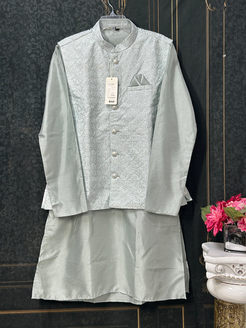 Light grey silk kurta set with jacket