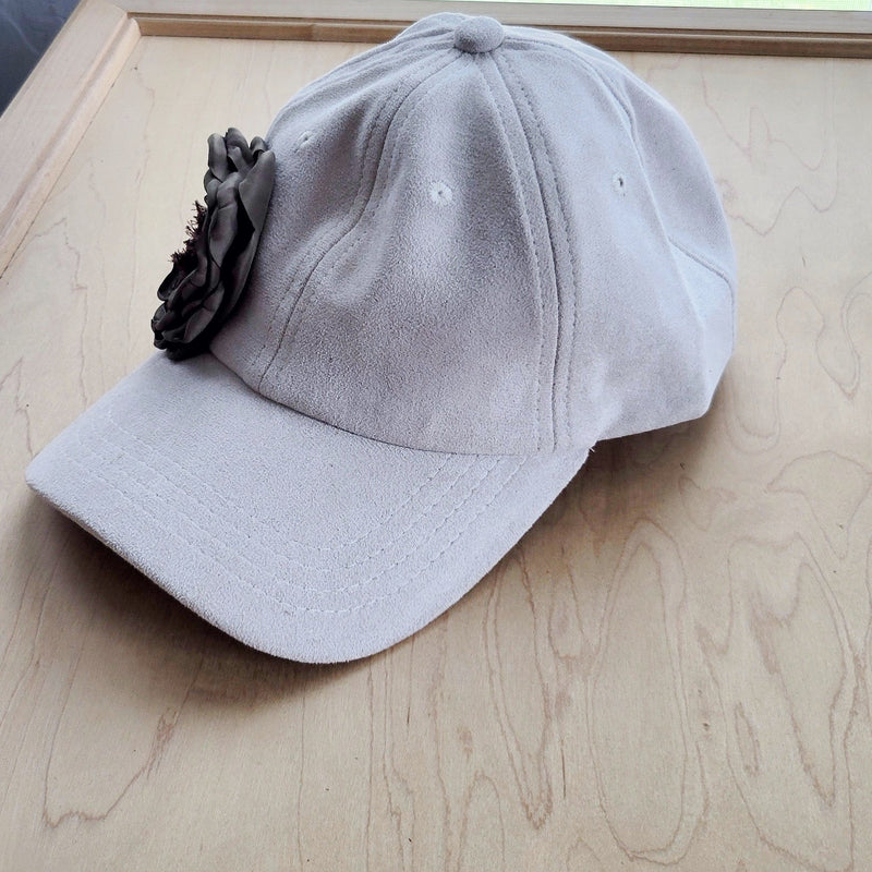 Suede Baseball Cap with Shabby Chic Silk Flowers-Ivory 986o