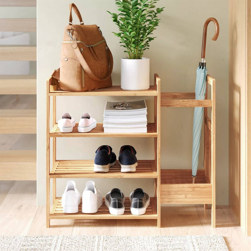 2-Shelf Entryway Shoe Rack Bench with Bla2-in-1 Entryway 4-Shelf Bamboo Shoe Rack and Umbrella Holderck Metal Frame and Brown Wood Top