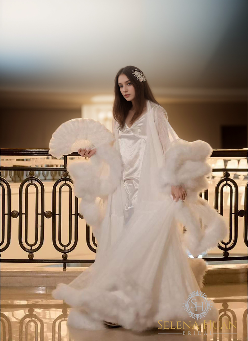 Luxury thick turkey feather fringe long bridal robe set with night gown