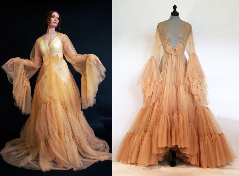 Tulle Ruffled Sleeves Layered Fringe Long Robe Dress