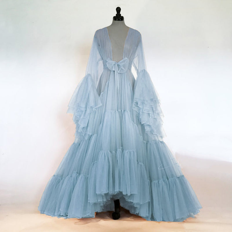 Tulle Ruffled Sleeves Layered Fringe Long Robe Dress