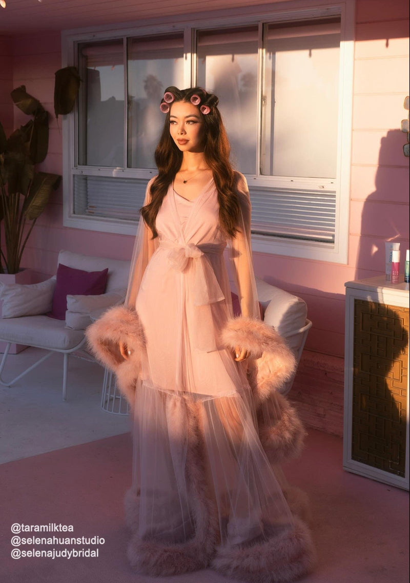 Elegant Luxury 2-Layer Thick Turkey Feather Fringe Hem Long Tulle Robe with Nightgown Multi-Colors