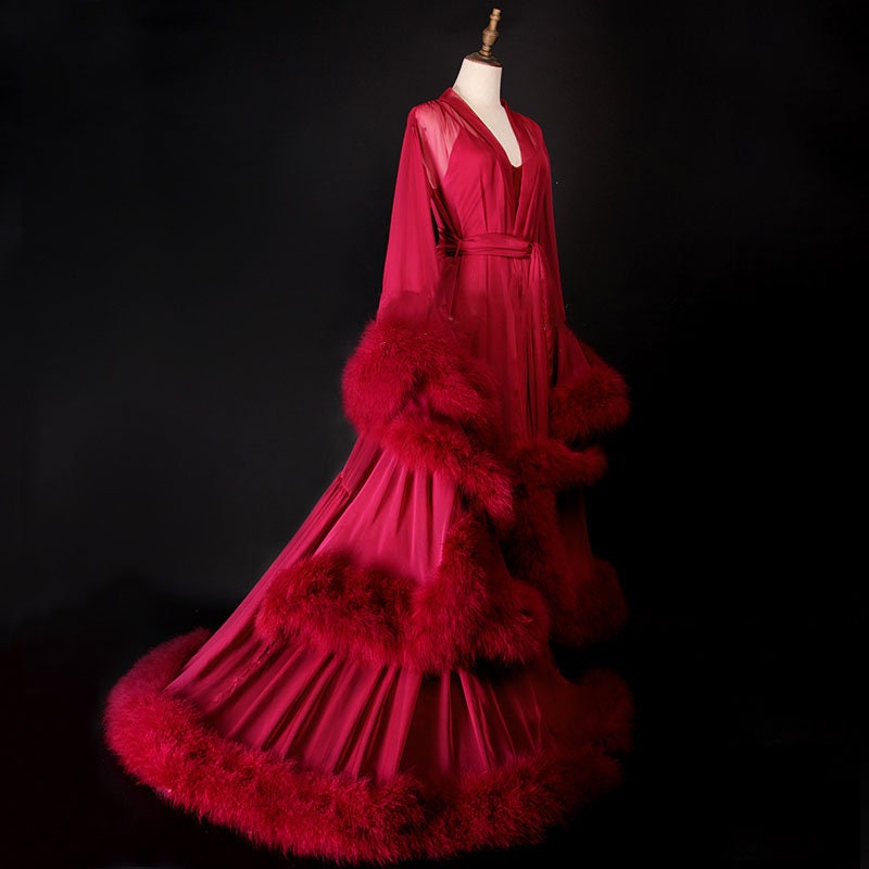2-Layer Thick Feather Tulle Robe Set – Luxury Photoshoot / Holiday Glam Gown (Multi-Color)