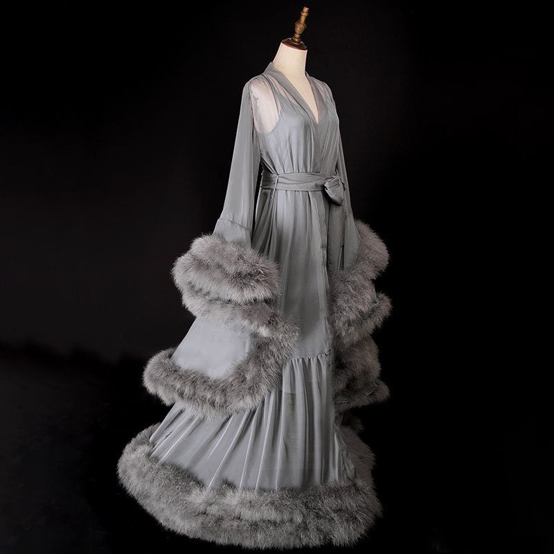 Elegant Luxury 2-Layer Thick Turkey Feather Fringe Hem Long Tulle Robe with Nightgown Multi-Colors