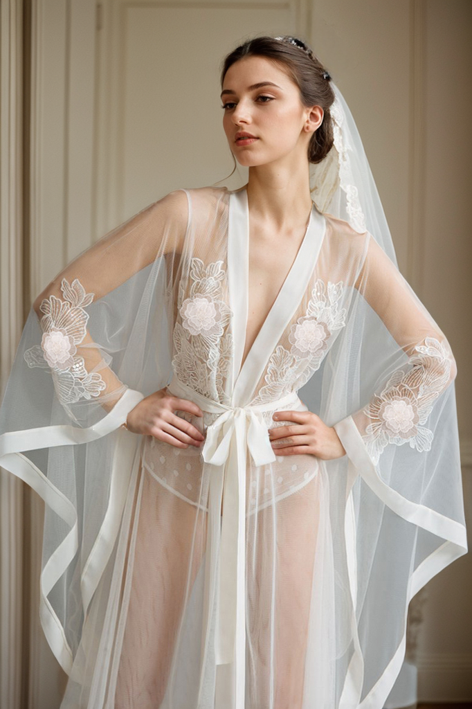 Elegant Sheer Lace Bridal Robe with Floral Embroidery and Satin Tie