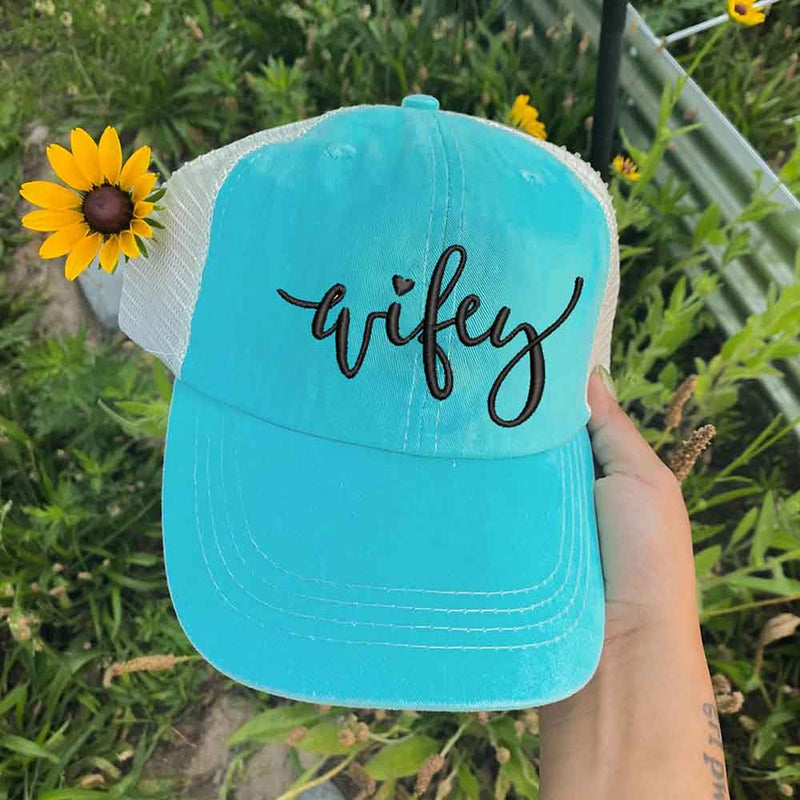 Embroidered Wifey/Hubby Pigment-Dyed Trucker Hat – Anniversary Gift Cap