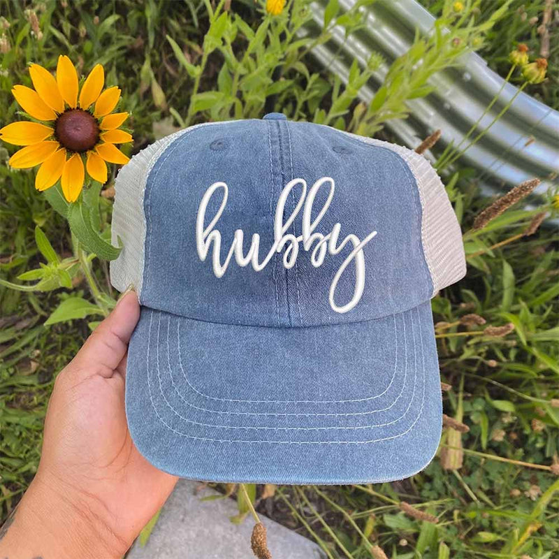 Embroidered Wifey/Hubby Pigment-Dyed Trucker Hat – Anniversary Gift Cap