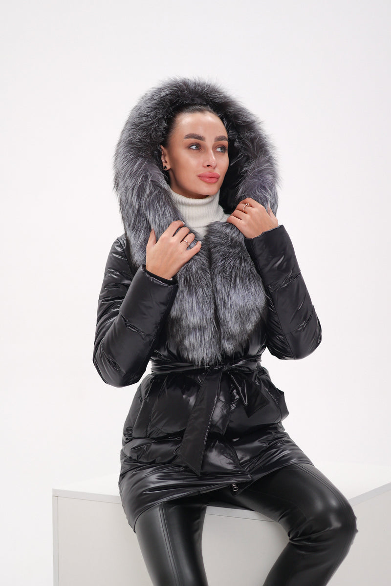 Genuine Silver Fox Fur Down Fill Coat