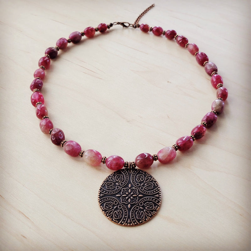 Natural Pink Jade Beaded Collar Necklace w/ Scroll Pendant 261L