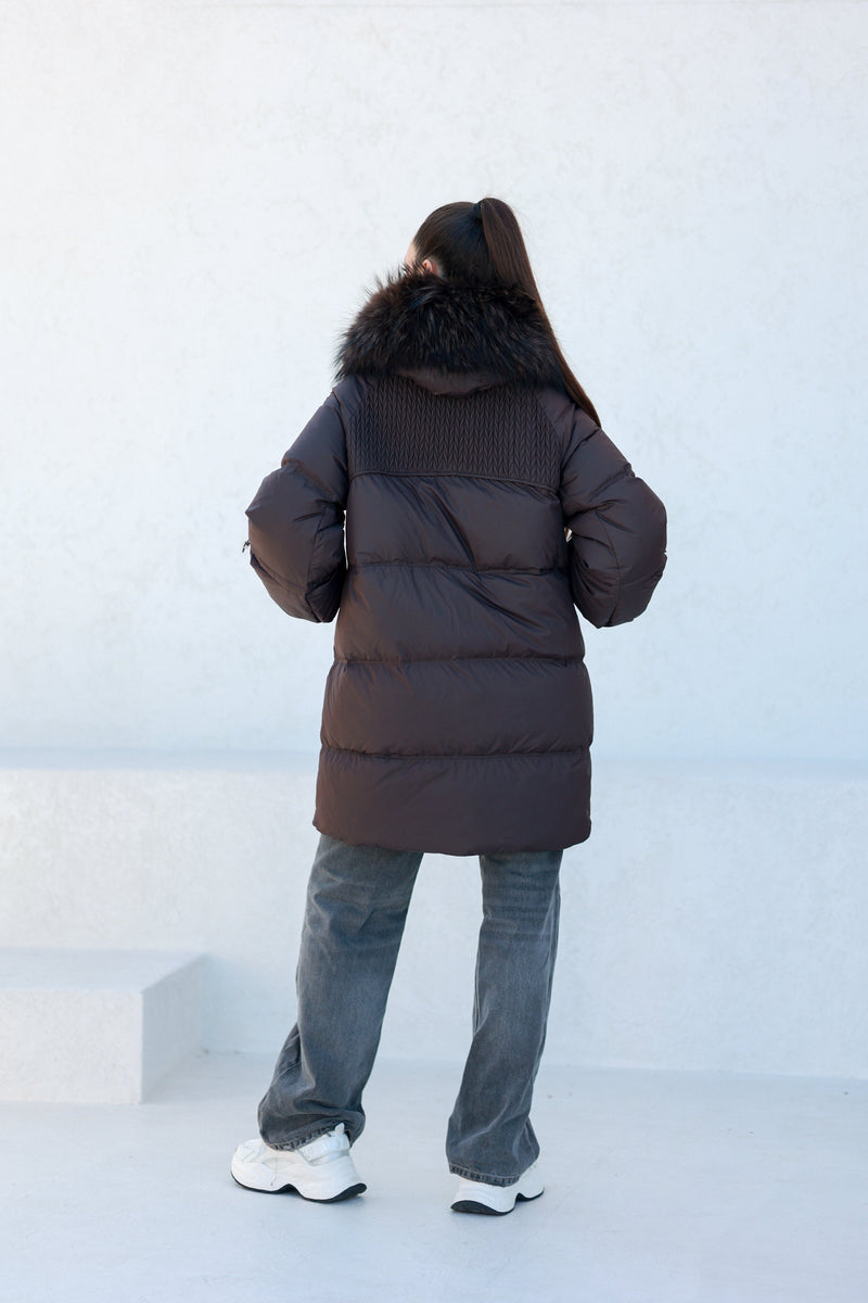 Celeste Genuine Fur Trim Down Fill Coat in Fig