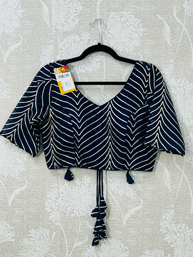Dark blue chiffon blouse with goat Patti work