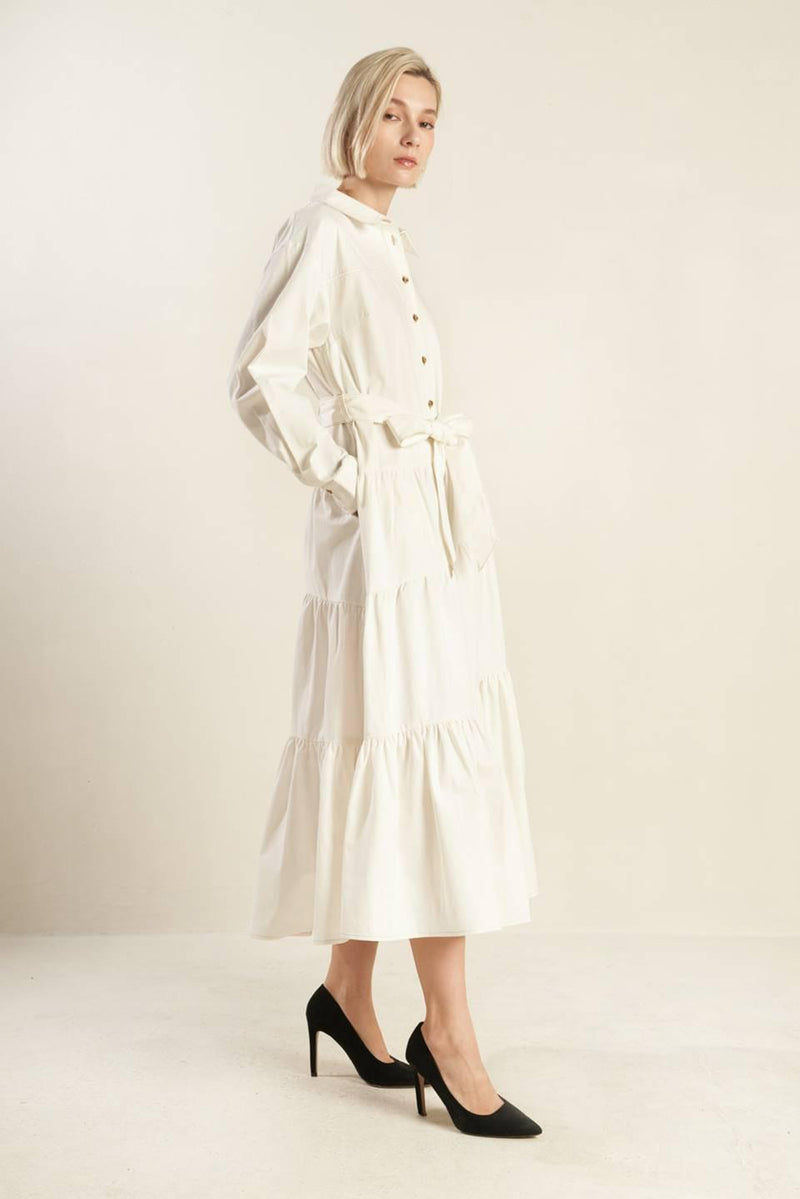 ANYTIME NOW WOVEN TWILL MIDI DRESS