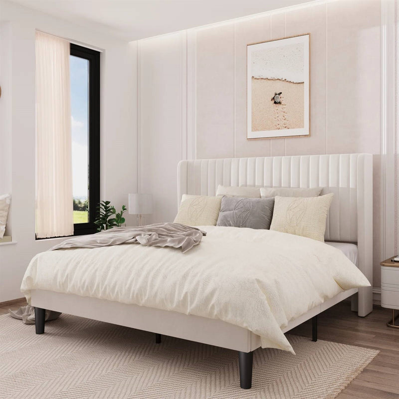 Full size White Velvet Upholstered Platform Bed Frame with Wingback Headboard