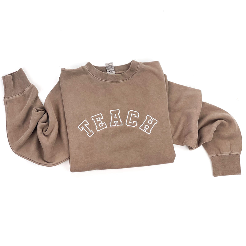 Embroidered PIGMENT Crewneck - TEACH - Varsity Outline w/ White Thread