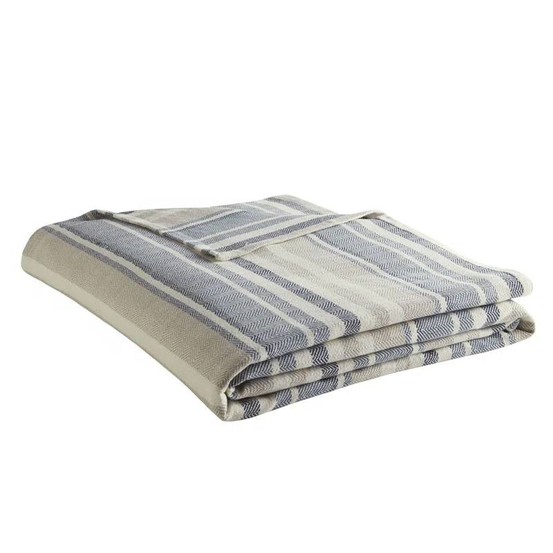 Full/Queen size Navy Blue Tan Cream Chevron Stripe Lightweight Cotton Blanket