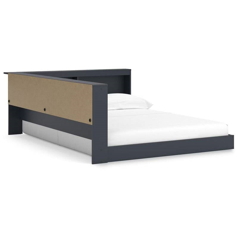 Full size Blue Wooden Corner Storage Bed with Bookcase Headboard and USB Ports