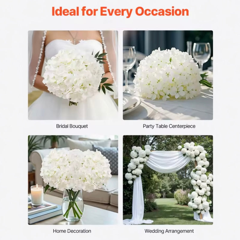 White Hydrangea Flowers - 6 Inch Faux Lifelike Stems 10-Pack