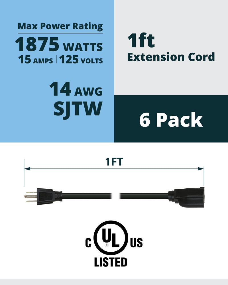 1ft Short Power Extension Cord – 14AWG, 6-Pack