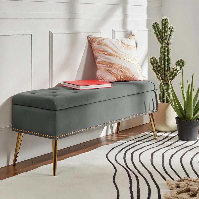 Mid-Century Modern End of Bed Storage Bench with Gray Velvet Seat and Gold Legs