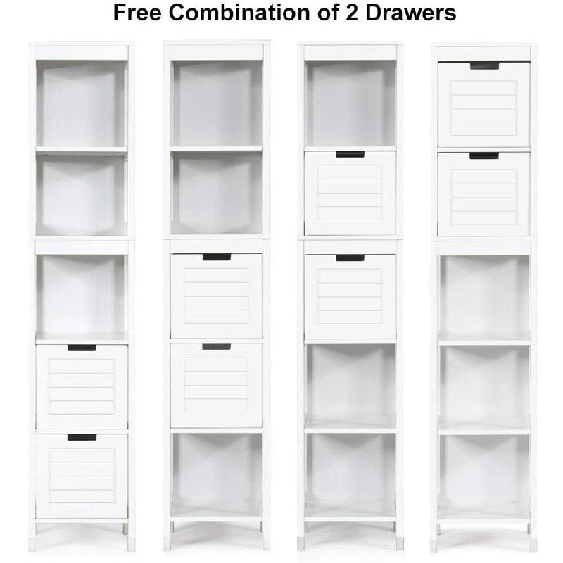 Bathroom Cabinet Tower with 2 Storage Drawers and 3 Shelves in White Wood Finish