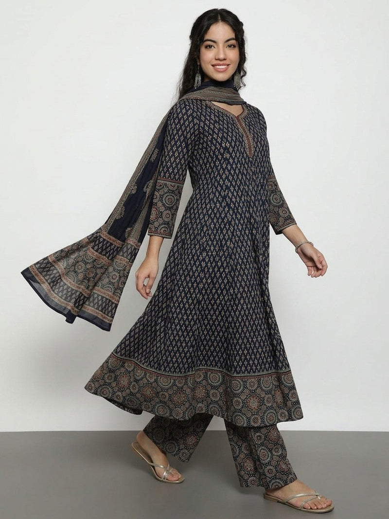 Black Ajrak  Cotton Stitched Anarakali Kurta, Palazzo With Dupatta