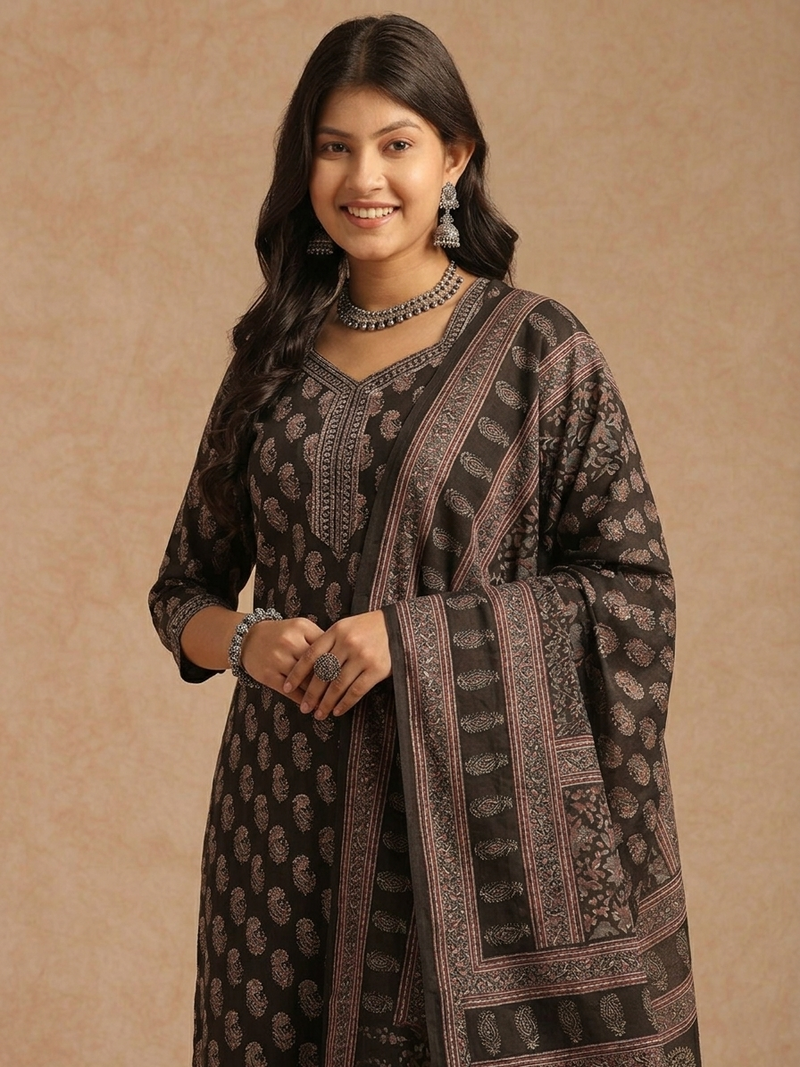 Elegant Black & Beige Printed Kurta Set with Dupatta