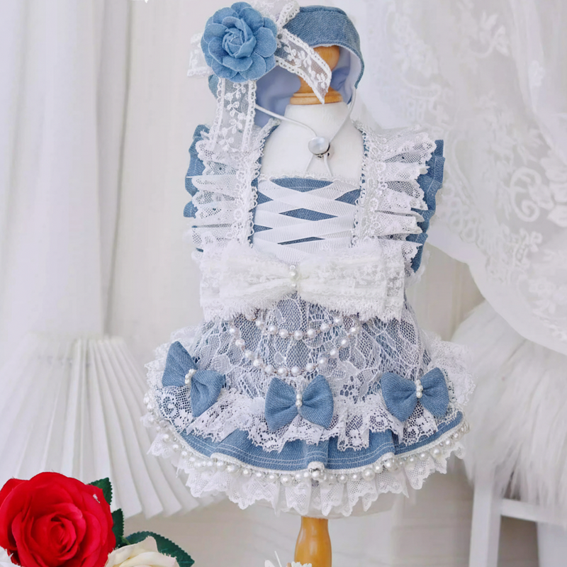 Pet Dress Lace Pearl Dog Outfit Elegant Blue